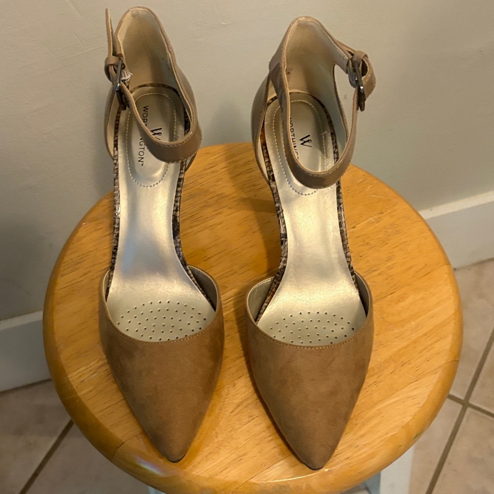 Worthington Tan Suede Pointed-Toe Ankle-Strap Heels
